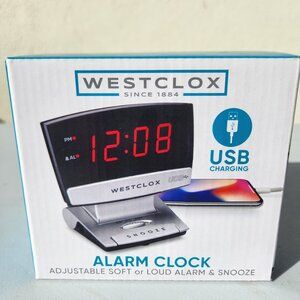 Digital Desk Table Alarm Clock with USB Charging Port Black Silver LED Large 0.9
